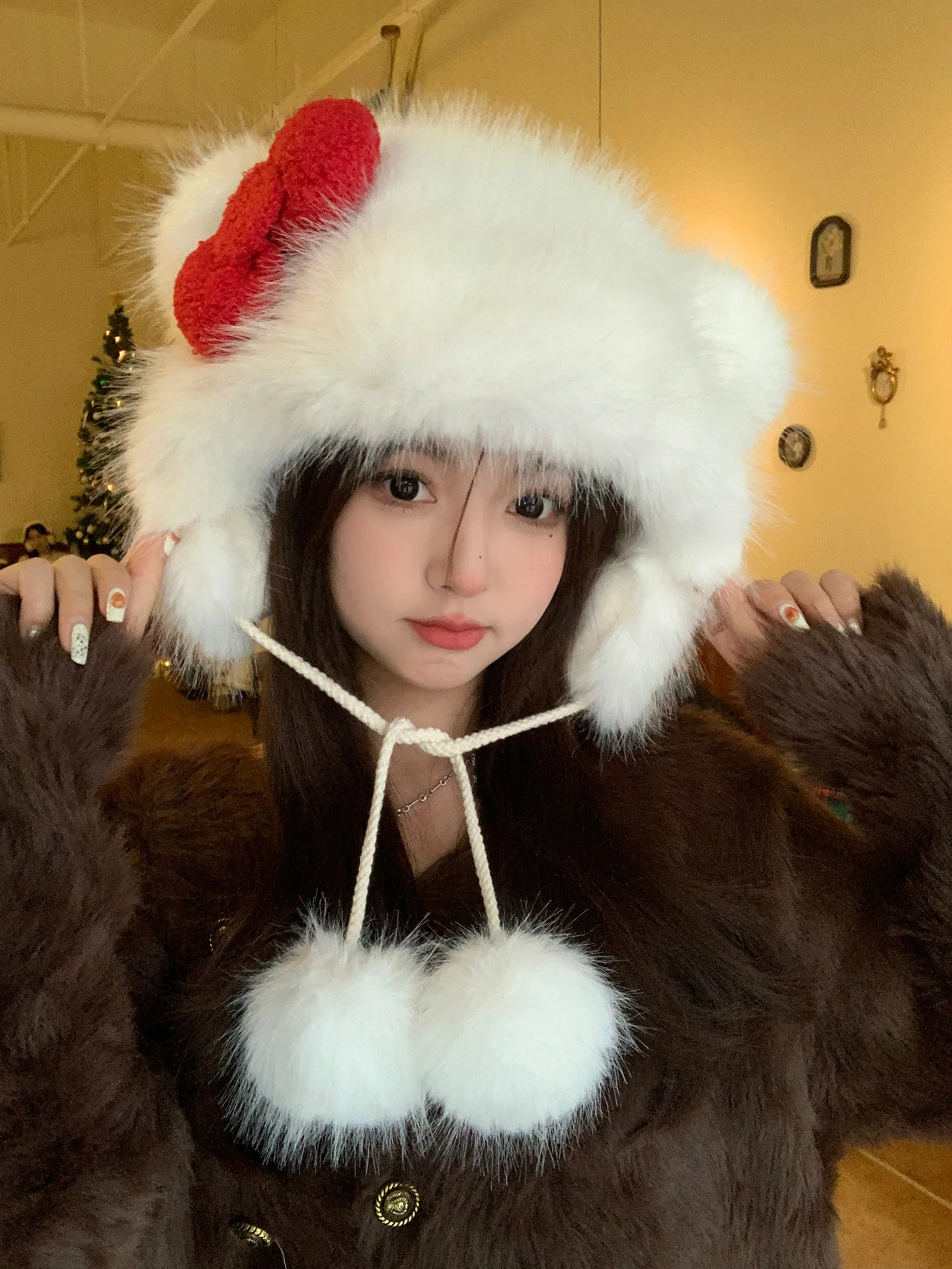 Plush thick warm hat tie Lei Feng hat sweet and cute bow KT ear protection Bao head knitted hat female trend