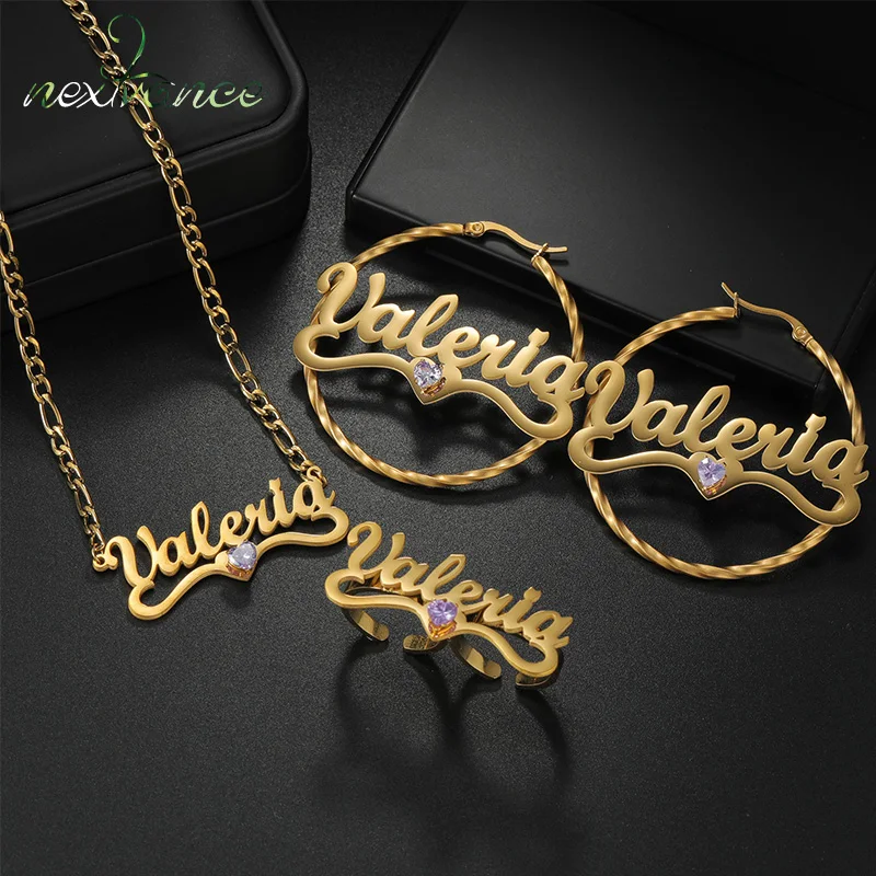 

Nextvance Personalized Custom Name Necklace Earrings Ring For Women Heart Rhinestone Stainless Steel Jewelry Set Birthday Gifts