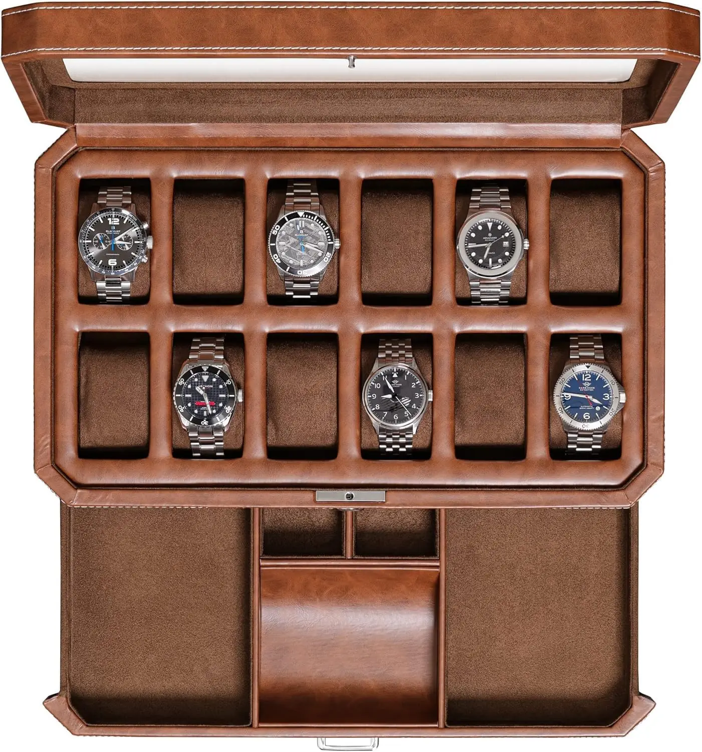 Luxury Leather Watch Storage Organizer Case With Drawer Mens Valet Jewelry Display Tan Brown