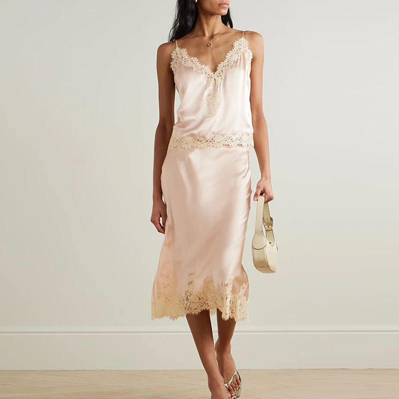 Lace Patchwork Slim Fit Two Piece Set Sexy Lady V Neck Sling Top and Long Skirt Suit Fashion Hollow Out Sleeveless Summer Outfit - Image 4