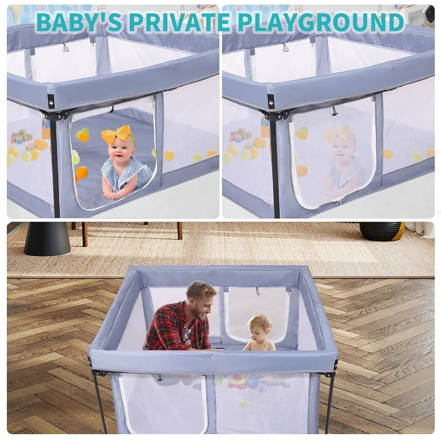 Box portatile per bambini con pavimento imbottito, cortile da gioco pieghevole per neonati e bambini piccoli, recinzione per interni ed esterni, grigio chiaro 50" x 50