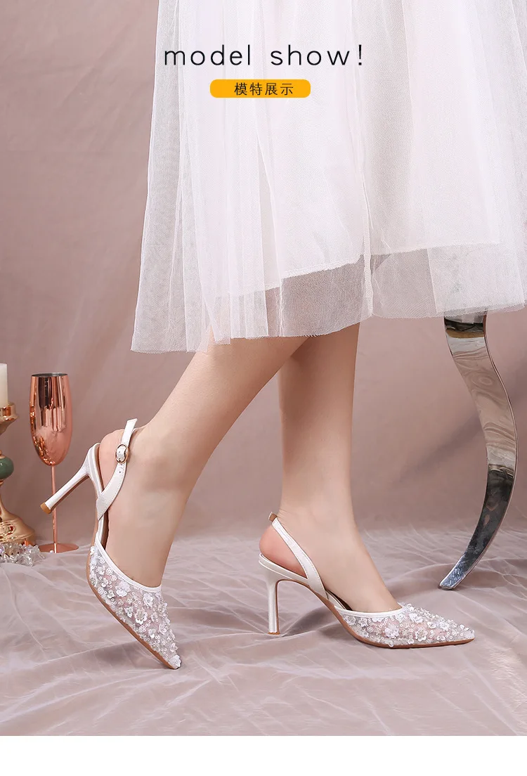 New summer pearl front bag and back strap high-heeled sandals, women's French lace wedding party high-heeled shoes