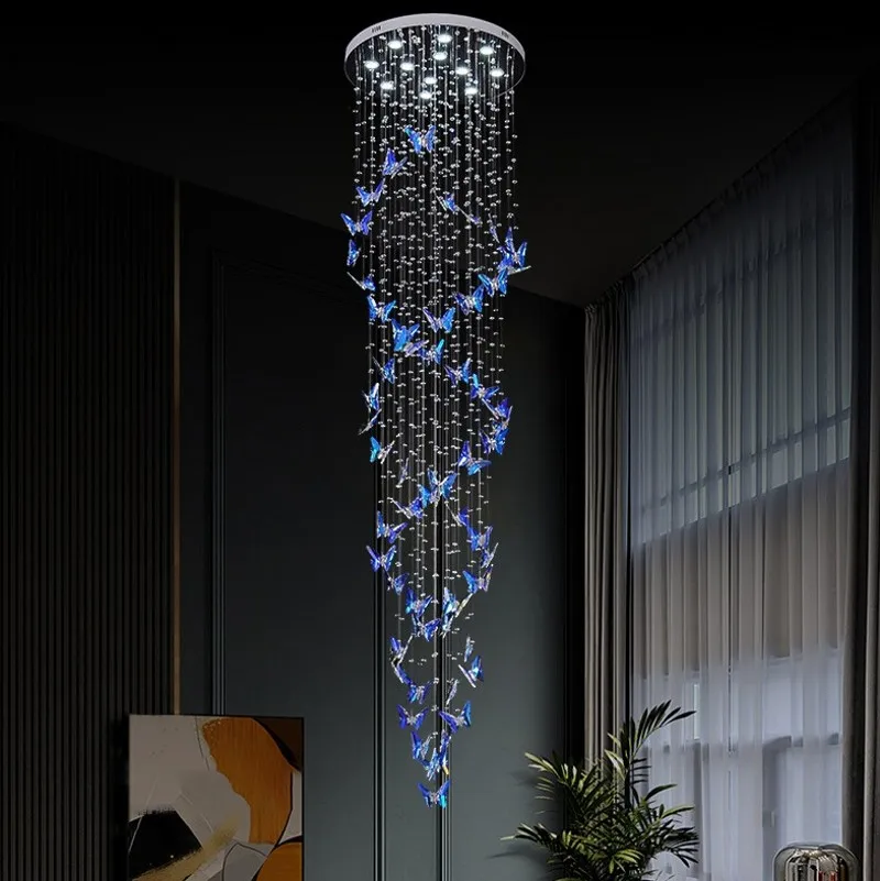 Postmodern Light Luxury Villa Duplex Hollow Rotating Chandelier Exhibition Hall Lobby Crystal Butterfly Long Pendant Light