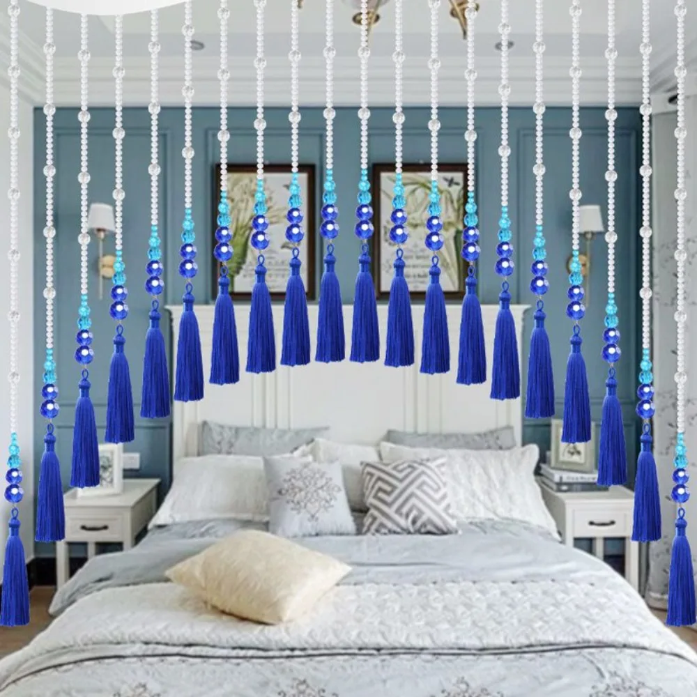 Crystal Bead Curtain Blue Tassel Soft Partition Curtain for Hallway Entryway Living Room Bedroom Bathroom Door Home Decor