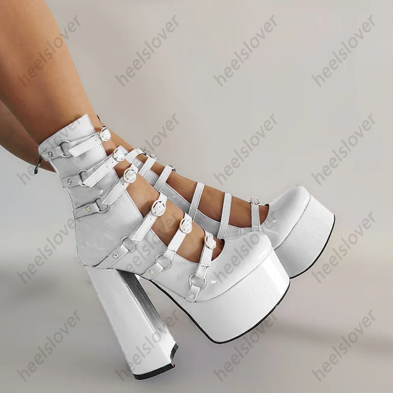 Ahhlsion جديد أنيق المرأة الربيع مضخة مشبك حزام كتلة الكعوب جولة تو رائع البنفسجي الأحمر أحذية الحفلات السيدات الولايات المتحدة حجم 5-15