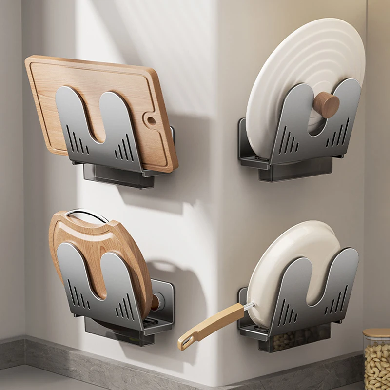 

Wall Mount Pots Lid Organizers Cutting Board Holders Punches Designs with Detachable Drain Tray for Kitchen Storage Organizer