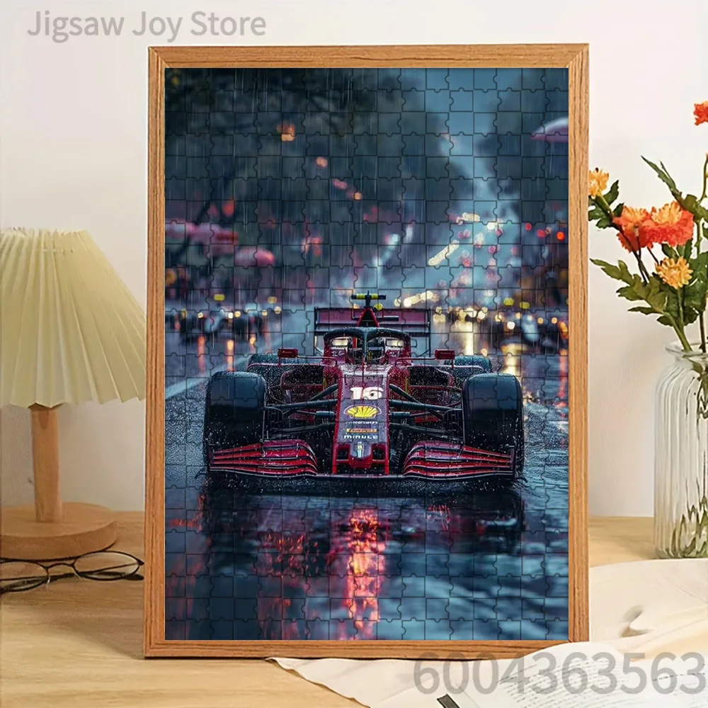 

Paper Jigsaw Puzzle Red Formula 1 Racing Car on Rainy Night Track with City Lights Reflections Artwork Brain Teaser