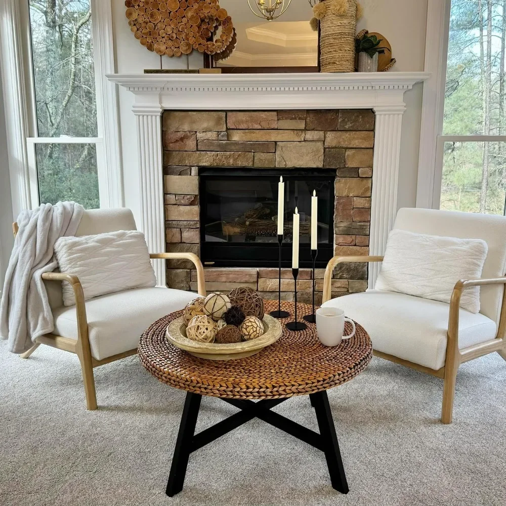 Round Coffee Table, Seagrass Coffee Solid Pine Wood X Base Frame Cocktail Table, Easy Assembled, Multiple Sizes ,32 x 17 Inches