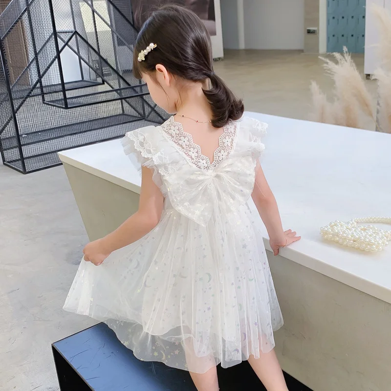 

Summer Girls' Dress New Baby Bowknot Backless Princess Dress White Children's Children's Day Performance Mesh Dress