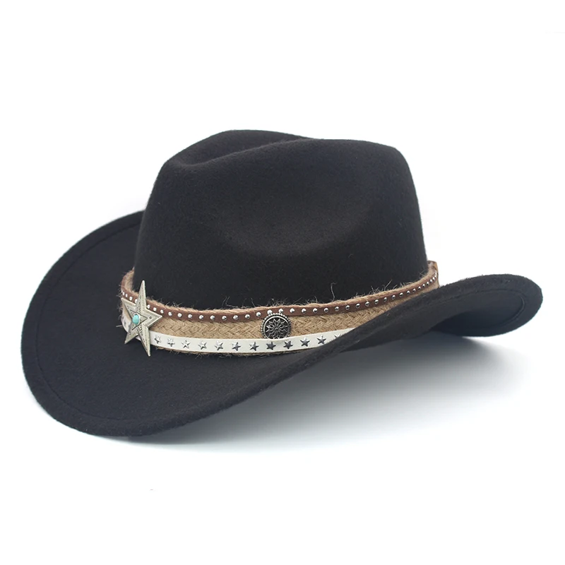 3 Sizes Parent-child Men Women Kids Children Woolen Western Cowboy Hat Wide Brim Sunhat Party Travel Outdoor Cap Classical Retro