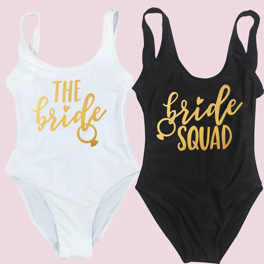 Bride Squad One Piece Swimsuit Women Heart Ring Print Swimwear High Cut Low Back Bodysuit Bachelor Party Bathing Suit Swimming