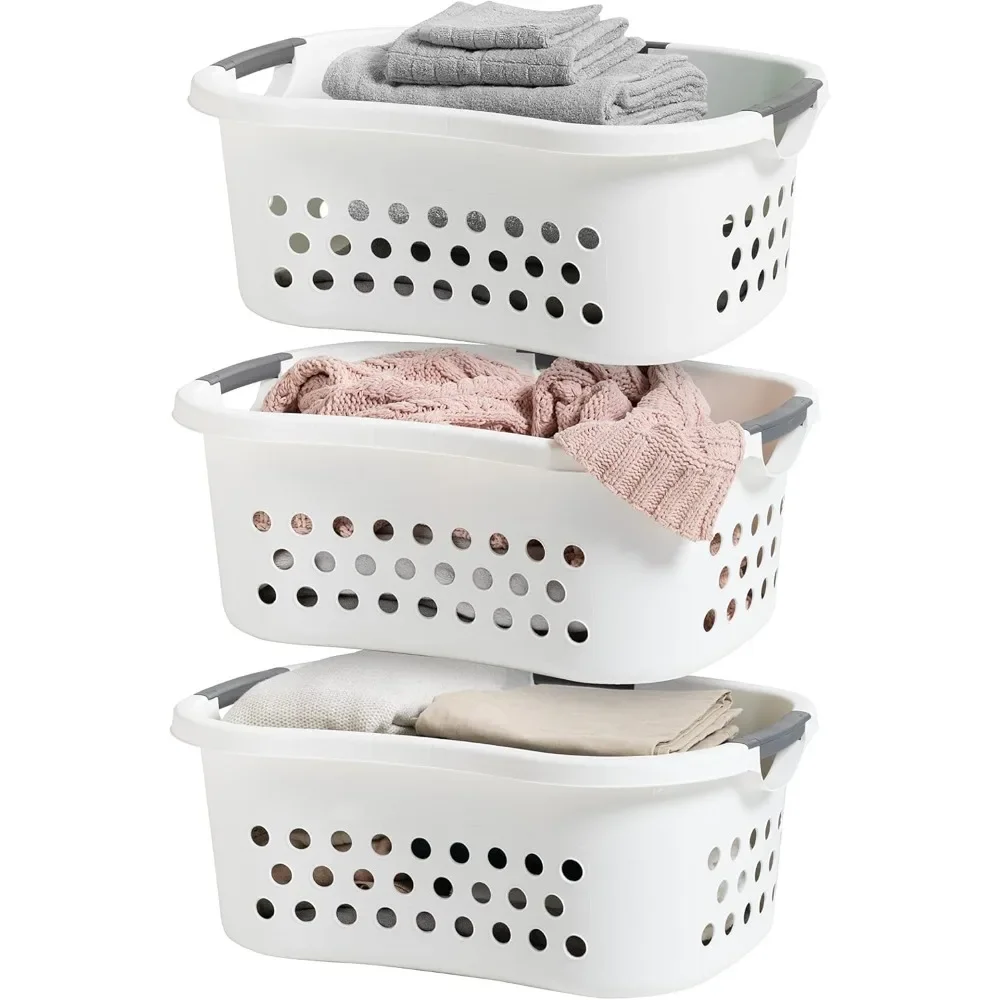 Laundry Basket 50L Large Plastic Hip Hold Hamper with Built-In Comfort Carry Handles 3-Pack 1.5 Bushel Hamper for Storage