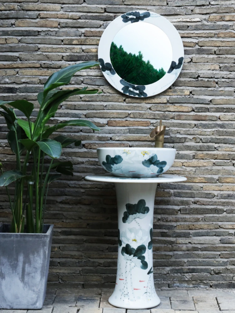 Outdoor Wash Basin Balcony Column Type Washbasin Courtyard Villa Household Ceramic Floor Type Integrated Pedestal Basin