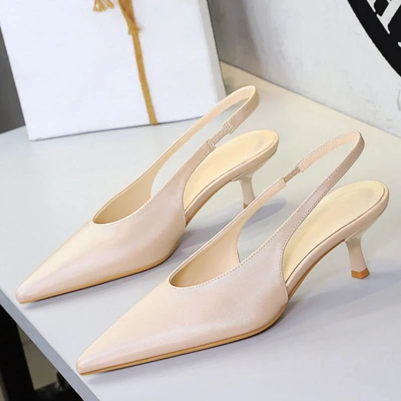BIGTREE Shoes Kitten High Heels Women Pumps Stiletto Heels 5 Cm Pointed Toe Middle Heel Shoes Rear Empty Rear Strap Women Shoes