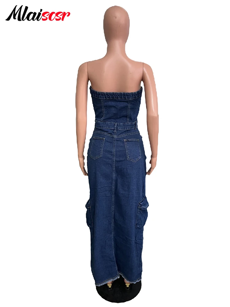 Mlaiscsr Off Shoulder Button 3D Pocket Blue Denim Dress Women Strapless Sleeveless High Spliced Jean Cargo Dresses Birthday Club