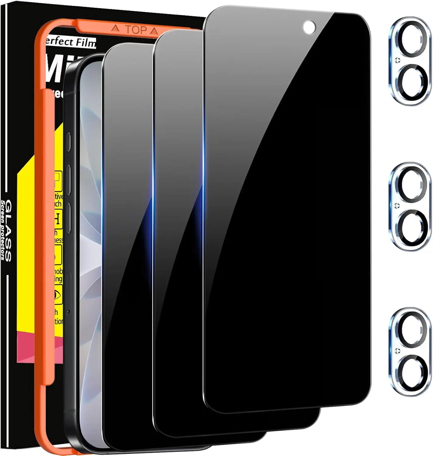 

Комплект из 3 защитных стекол для iPhone 17, совместимых с чехлами, с рамкой для установки, антишпионские, черные