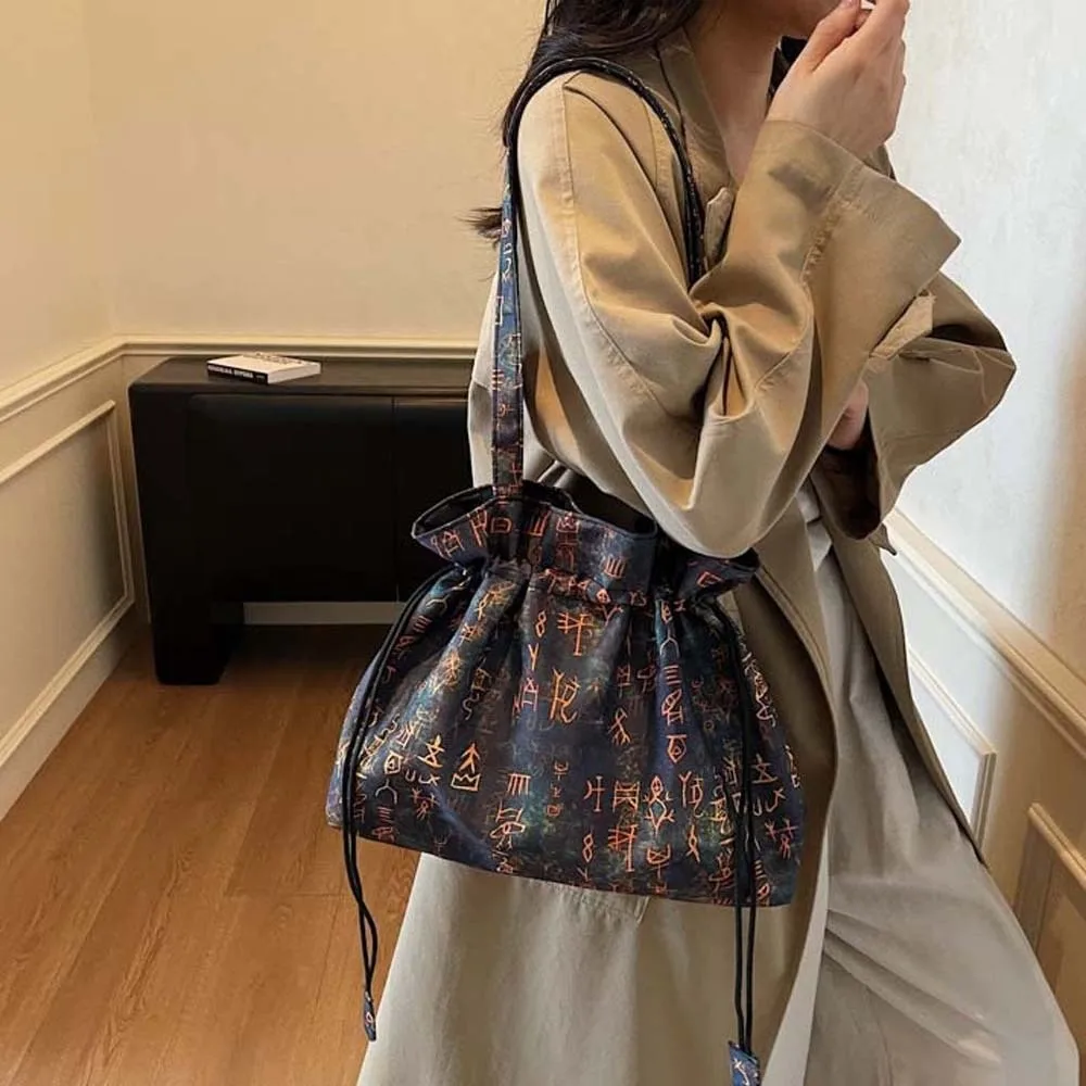 القطن Hanfu الأربطة حقيبة زهرة الأحرف الصينية المطبوعة الكتف الحقيبة العرقية نمط الرجعية التطريز حقيبة يد يوميا