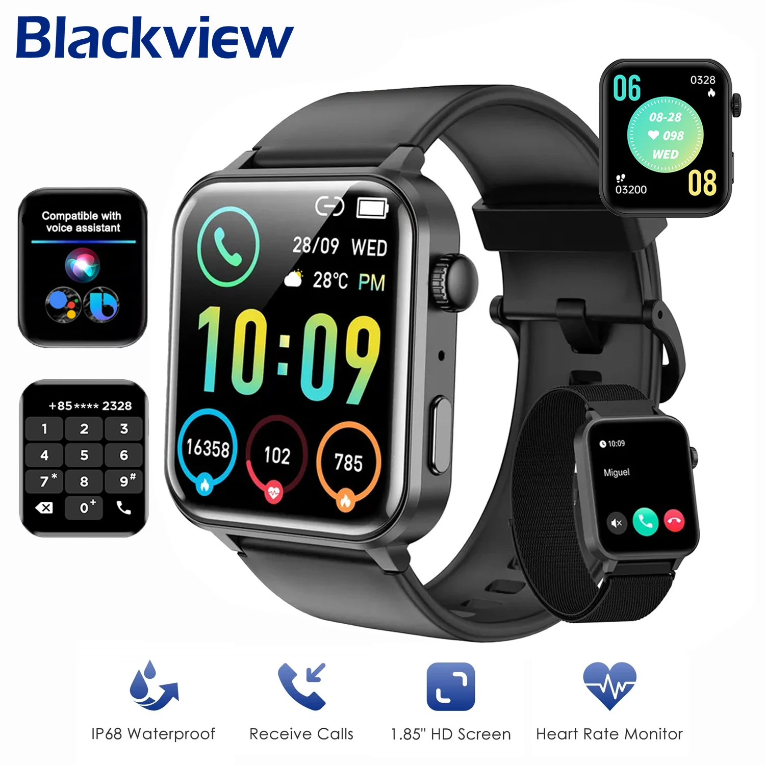 ساعة Blackview الذكية للرجال والنساء 1.85 بوصة HD للياقة البدنية ساعة رياضية معدل ضربات القلب SpO2 مراقبة النوم ساعة ذكية مع مكالمات بلوتوث
