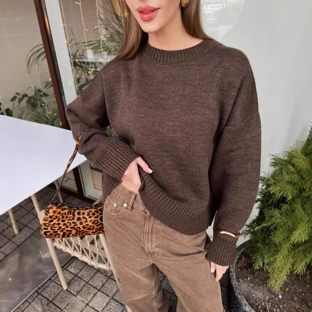 

Short Knitted Loose Fit Long Sleeve Round Neck Sweater Women's Casual Style Top European Fashion Overhead Style