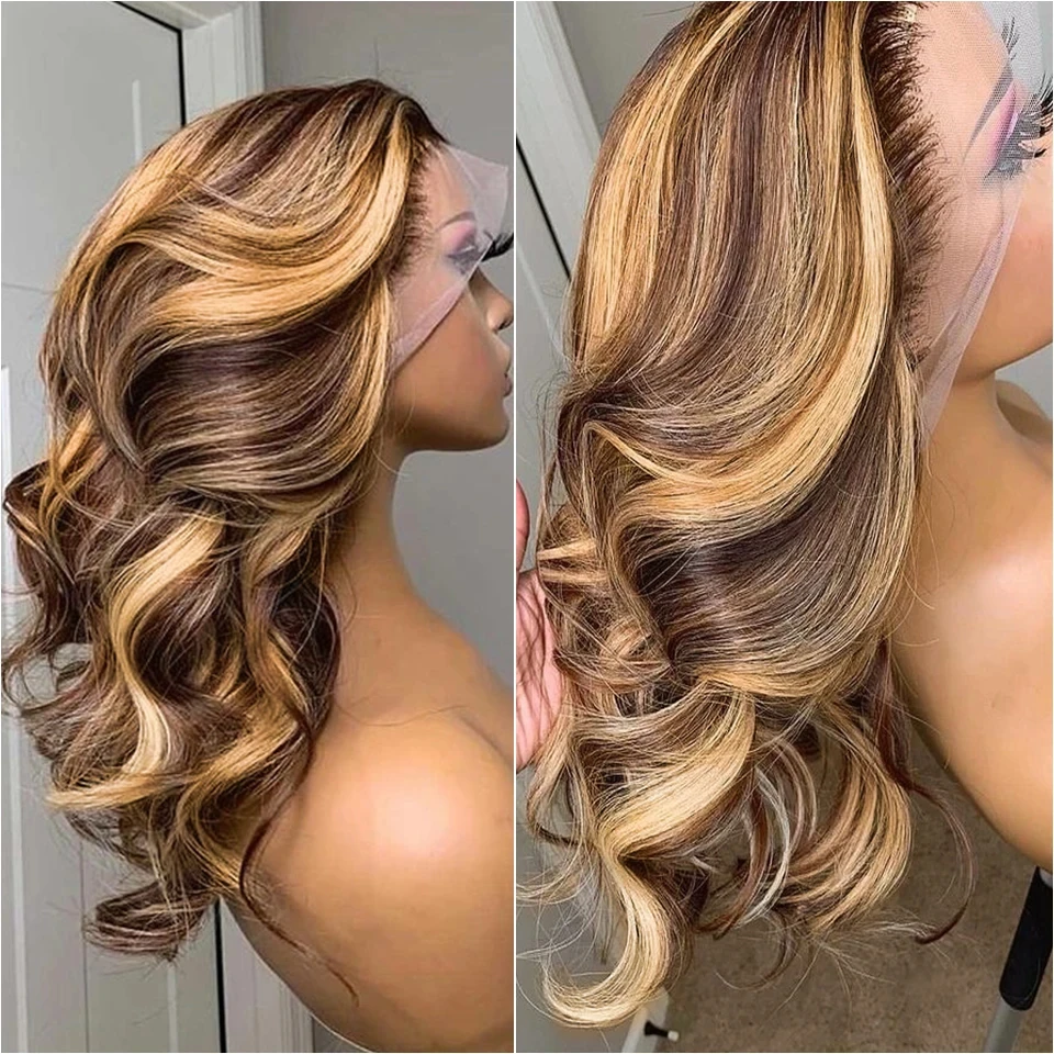 

Накладные парики из натуральных волос Body Wave Honey Blonde P4/27 с цветными прядями, 13x4 HD Lace Frontal, предварительно выщипанные, бразильские, для женщин