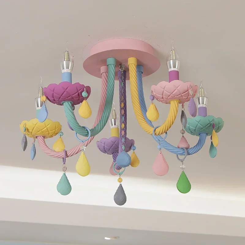 European Style Rainbow Crystal Chandelier Macaron Princess Lamp for Kids Bedroom Romantic Home Lighting Decor