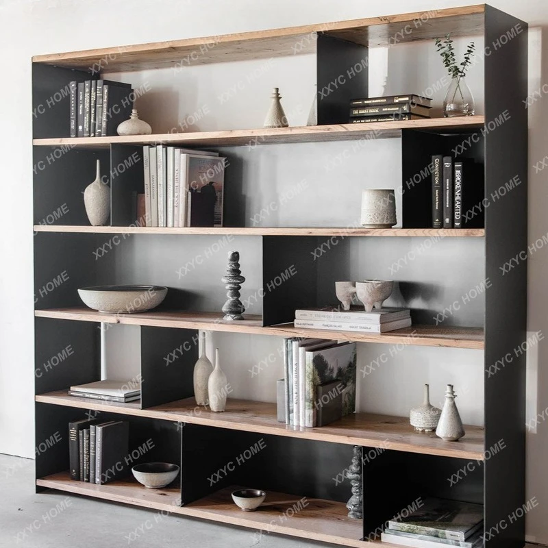 MM Simple and creative iron shelf partition bookcase living room solid wood flooring  modern steel wood bookshelf