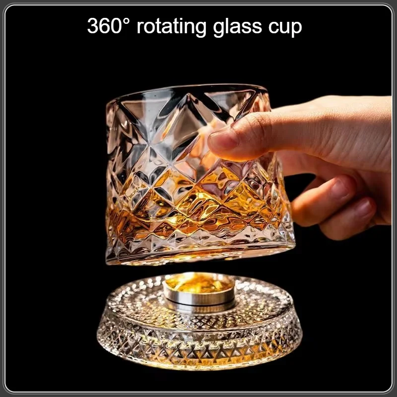 Whiskey Glasses Rotating Whisky Glass With Glass Base 360 Rotate Degrees Crystal Rum Glass For Cocktail Party Drinking