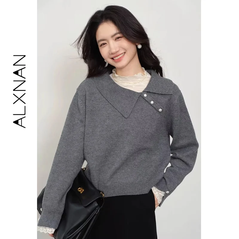 ALXNAN Grey Sweaters Lace Patchwork Slant Collar Buttons Loose-fit Short Pullovers Elastic Hem Romantic Women's Clothing L57319