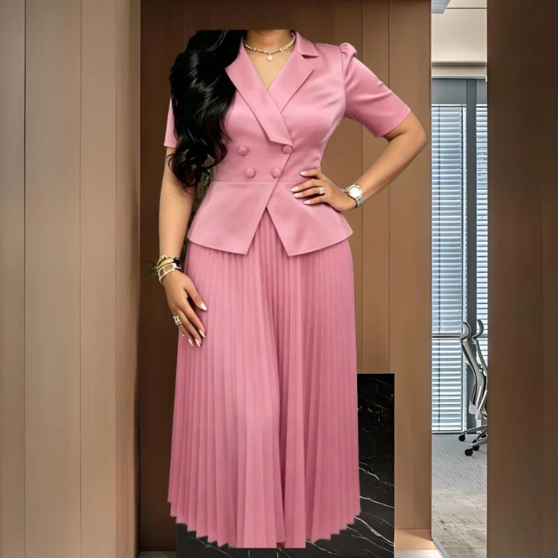 s-4xl-plus-size-african-dresses-for-women-elegant-african-short-sleeve-v-neck-pink-polyester-party-evening-long-pleated-dresses