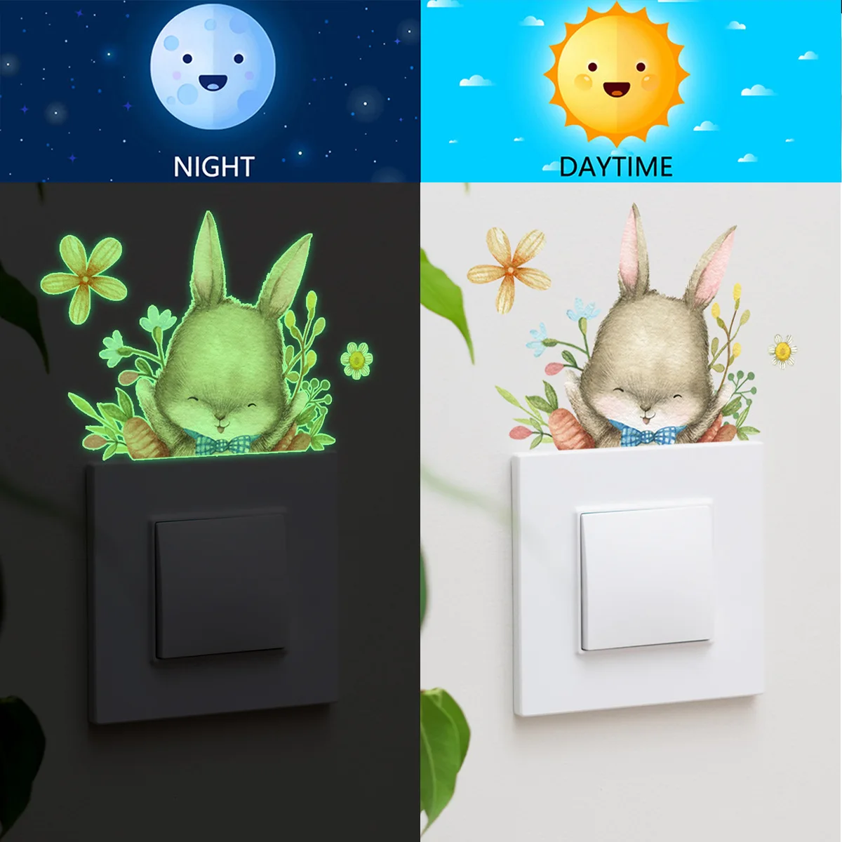 12*15cm Bunny Carrot Flower Cartoon Wall Sticker Luminous Sticker Bedroom Living Room Bedroom Study  Decorative Wall Sticker