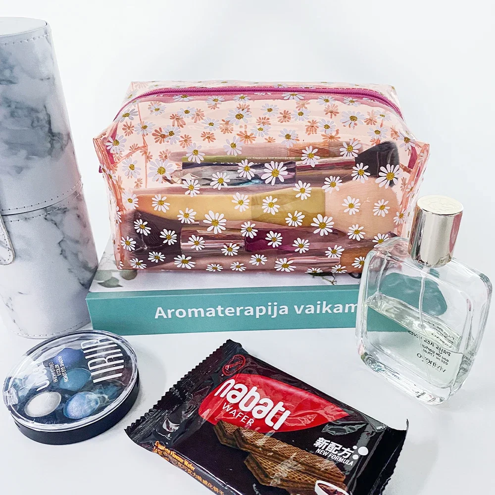 Bolsa de maquiagem portátil Daisy para mulheres, Saco de toalete impermeável transparente, Sacos Cosméticos Duráveis, Maquiagem clara Sacos