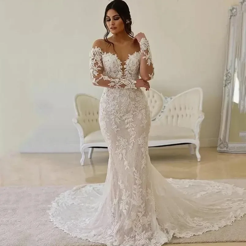 Abiti da sposa a sirena con scollo a O trasparente in pizzo floreale a maniche lunghe senza schienale Abito da sposa a coda di pesce bohémien abito sposa su misura