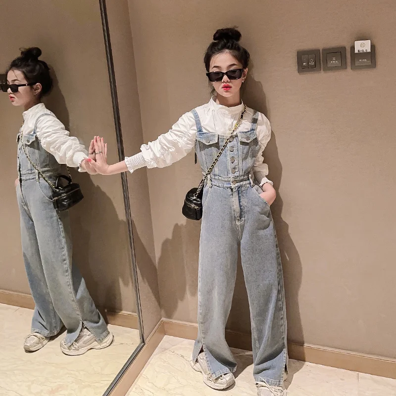 

Spring Autumn teenage Girls clothes Sets 2025 Vintage Denim Jumpsuits cotton white Shirt 2pcs junior Kids suit child outfits 14