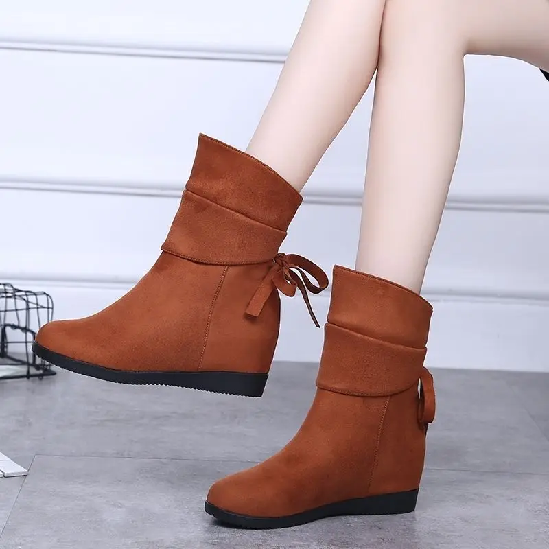 Mid Calf Blue Wedge Heel Round Toe Footwear Big Red Ladies Boots Half High Shoes for Women Winter 2024 Novelty Y2k Cosplay Hot