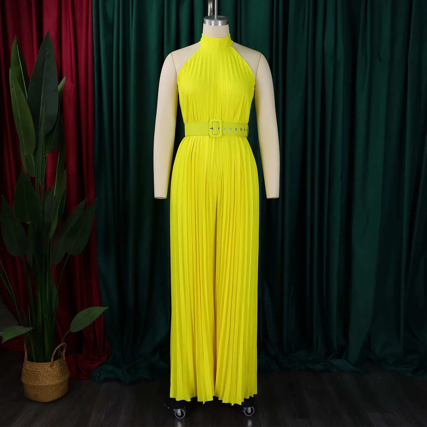 Elegant Pleated Jumpsuits for Women 2024 New O Neck Sleeveless Belt Waisted Floor Length Birthday Party Outfits Overalls Clothes