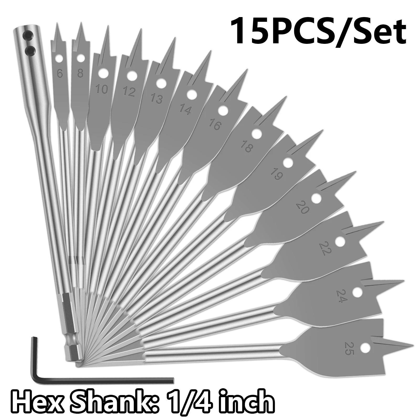 15PCS/Set Spade Drill Bit Set Wood Drill Paddle Flat Bit for Woodworking Carbon Steel Paddle Flat Bit with Quick Change Shank