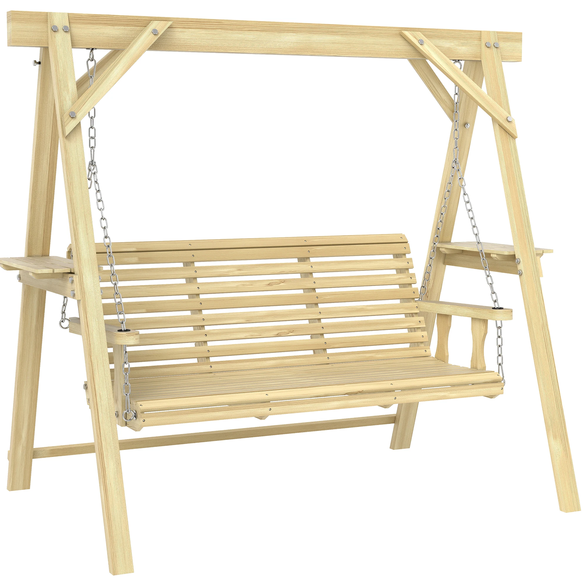 Outsunny 3-Seater Patio Swing with Stand and Side Table, Natural Wood
