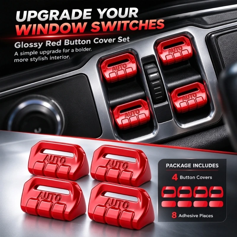 Red Window Button Covers, 4-Piece Plastic Set for Updating Worn Exterior Covers in the Vehicle Window-Button Area without X37F