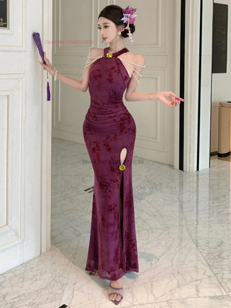 2025年オリエンタルナイトクラブドレス改良版チャイナドレス伝統的なジャカードベルベットノースリーブ袍ドレスボディコンバンケットドレス袍