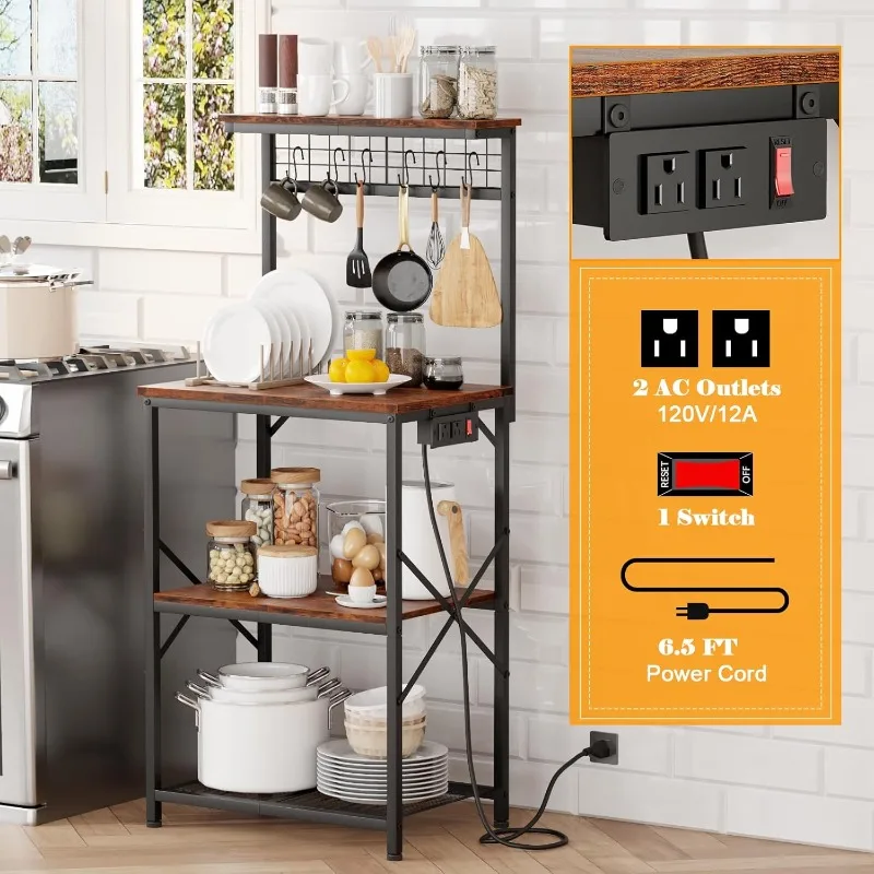 

Kitchen Bakers Rack with Power Outlet, Microwave Oven Stand with Storage 4 Tiers, Coffee Bar Table with 6 S Hooks, Kitchen
