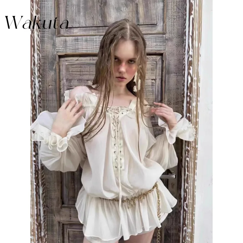 WAKUTA Niche Summer One Shoulder Lantern Sleeve Tanks with Feminine Style Flower Willow Nail Tie Loose Knit Shirt Seda Natural