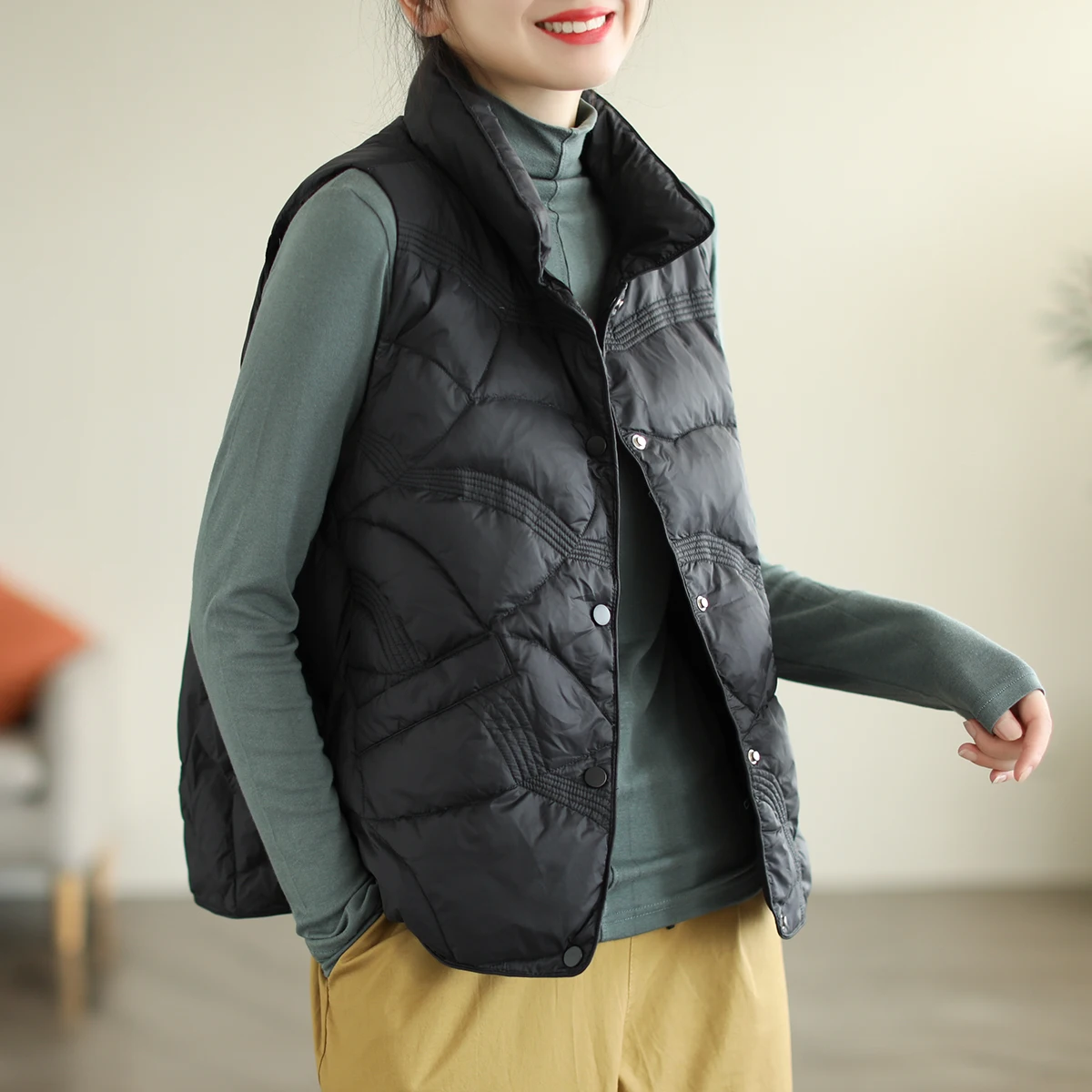 Outlets Lightweight down Cotton Vest Women's Winter Loose Slimming Outerwear Trendy Dark Button Cotton 80% Regenerated Fiber 20%