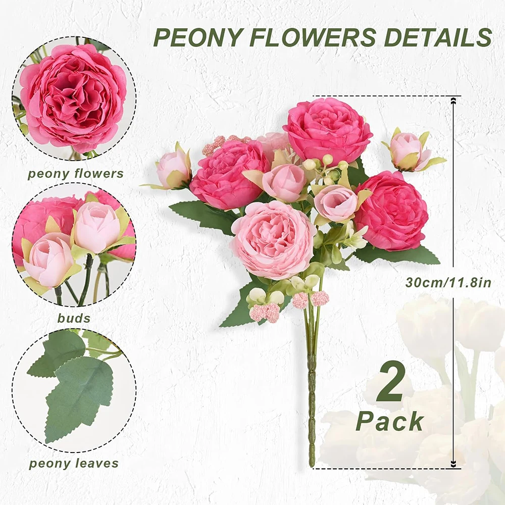 2er-Pack Seiden-Pfingstrosen Künstliche Rosa Hybrid-Pfingstrosen Tischdekoration Hochzeit Party Heim-Deko Künstliche Pfingstrosen-Sträuße zur Dekoration – Detail 3