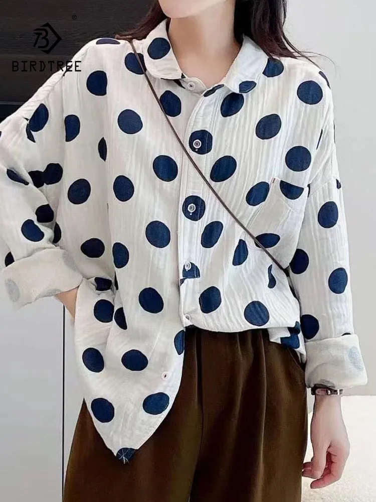 

New 2026 Spring Cotton Yarn Long Sleeve Shirt, Women Turn-down Collar Dot Printed, Mori Girl French Soft Loose Blouse T5D621CC
