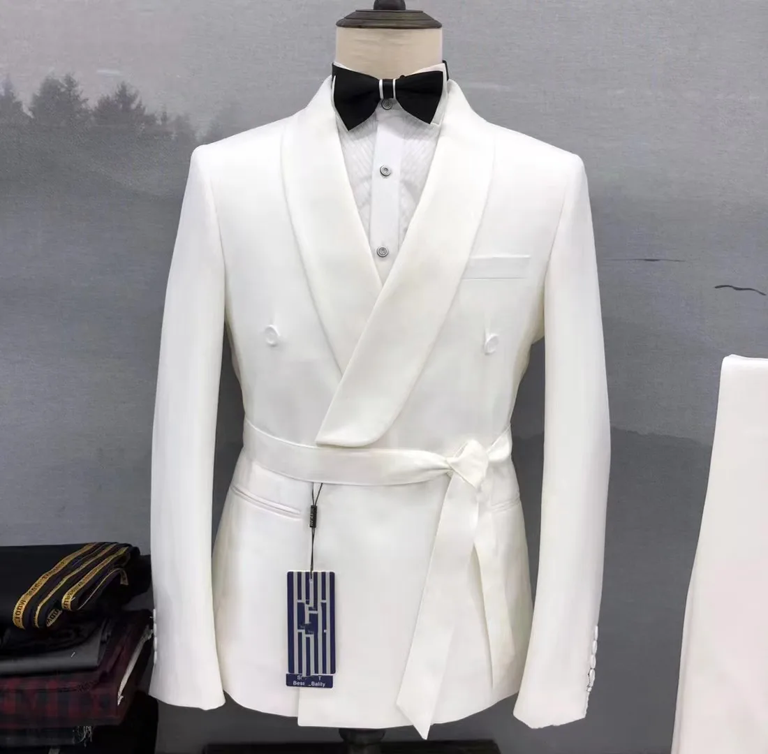 Customized Fashion Light Blue Wedding Suits Men Paired with Belt Formal Groom tuxedos Shawl Collar Prom for Male Blazer Slim Fit