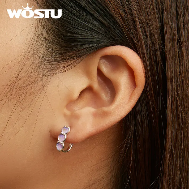 WOSTU Real 925 Sterling Silver Lovely Heart Hoop Earrings For Women Rose Pink Crystal Charm Drop Earring Wedding Jewelry Gift