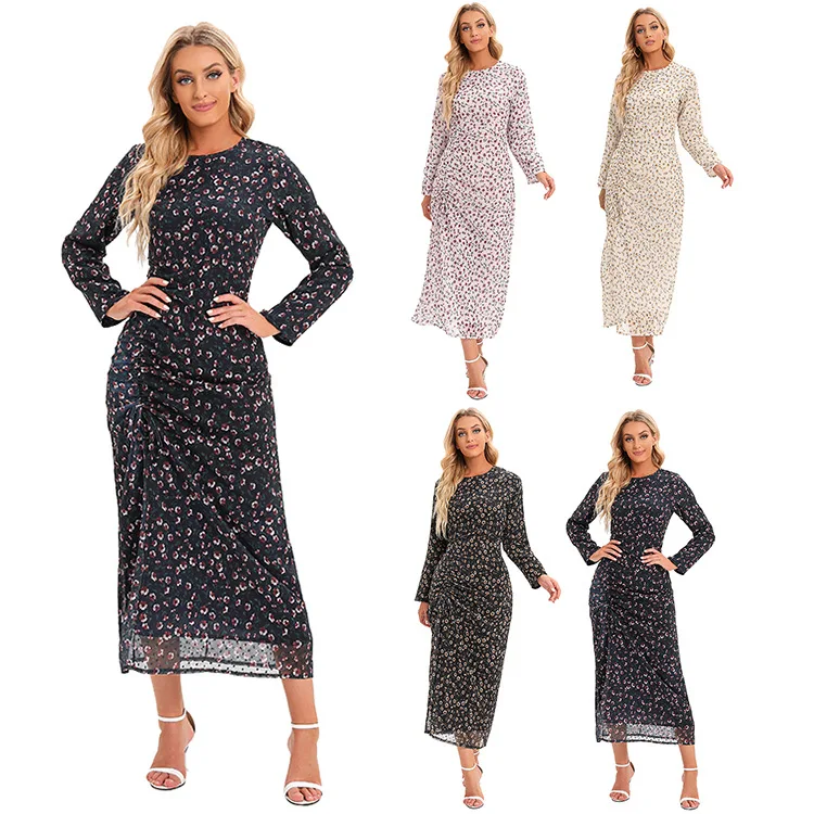 

Summer New Elegant Muslim Fashion Dresses Abaya Waist Drawstring Flower Printed Dress Abayas Long-sleeved Flower Dress