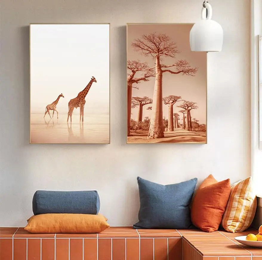 1pc frameless Lion Giraffe Elephant Animal Poster Sunrise Wheat Tree Cliff Hot Air Balloon Canvas Print Painting Nature Landscap