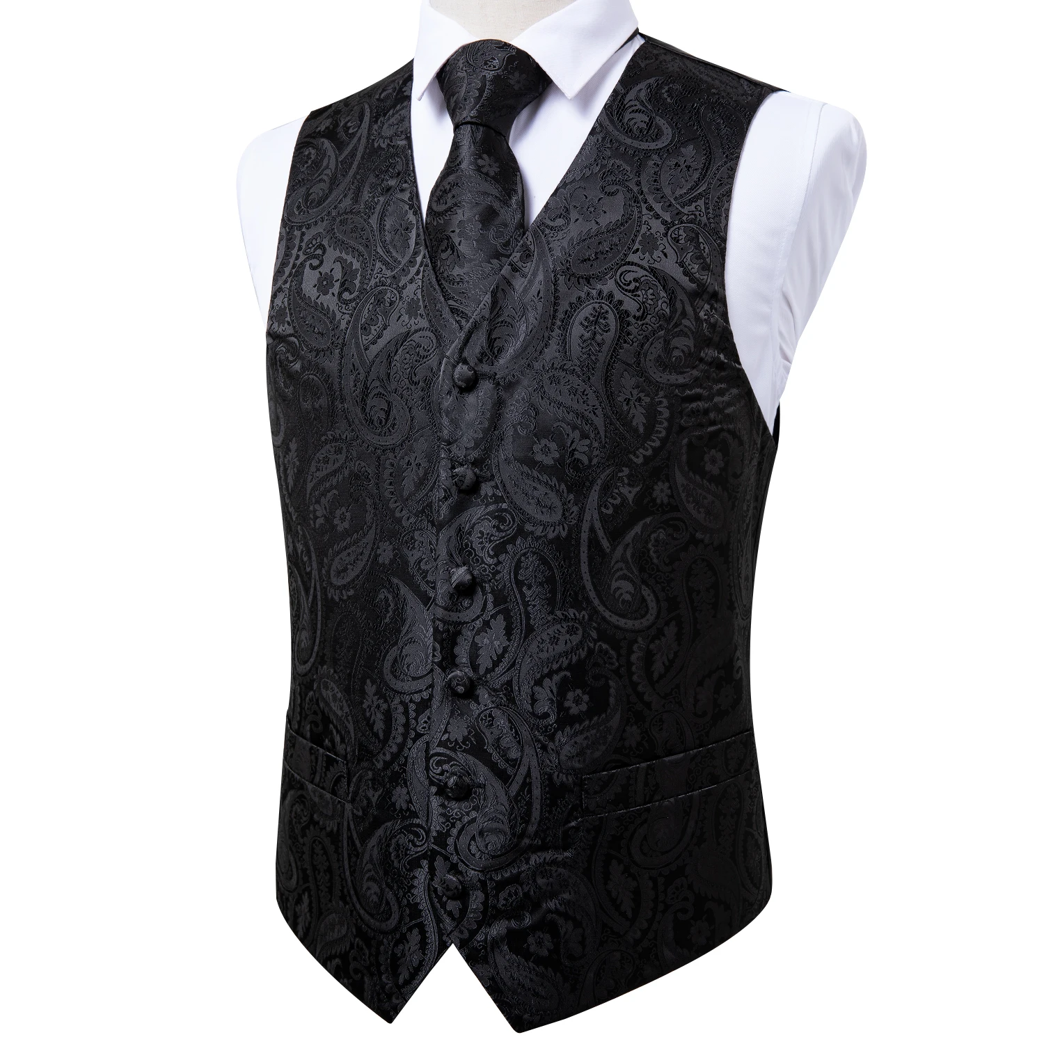 Männer Klassische Schwarz Paisley Weste Set für Hochzeit Party Business Fashion V-ausschnitt Weste Männer Krawatte Fliege Taschentuch Manschettenknopf – Detail 6