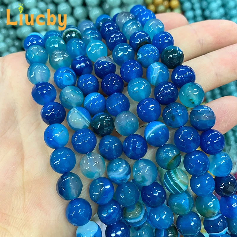 Edelstein facettierte blau gestreifte Achate Natursteinperlen für Schmuckherstellung DIY exquisite Kopfbedeckung Geschenk 15" Zoll 4/6/8/10/12mm – Detail 6